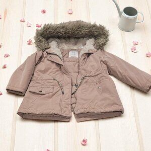 Zara Baby Taupe Winter Parka with Faux Fur Hood – Size 3/4 Years